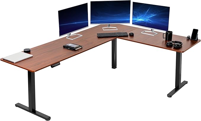 VIVO Electric Corner 84 x 63 inch L-Shaped Standing Desk, Memory Height Adjustment, Dark Walnut Top Black Frame, DESK-E3CTBD-84