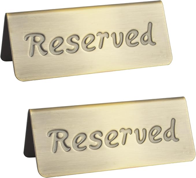 2 Pack Small Reserved Table Signs for Restaurants,Dinner Parties,Banquets,Events,Stainless Steel Table Tent Place Signs,10 Year’s Use,Etched Design,Double Sided View,4.7x1.9 In,(Vintage Yellow)