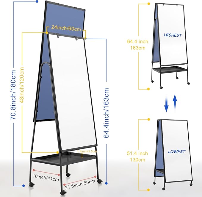 MAKELLO Rolling Whiteboard on Wheels 48x24 in, Double Sided Mobile White Board with Storage Tray for Office School Home, Magnetic Classroom Easel for Teacher, Height Adjustable, Aluminum Frame, 4'x2'