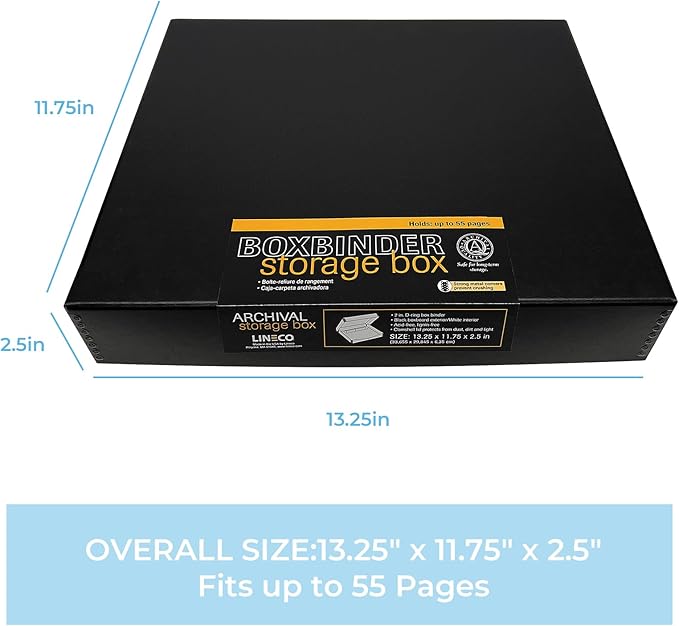 Lineco Archival Oversized 3-Ring Album Box with Clamshell Style Lid, Holds Up 55 Pages, 13.25 x 11.75 x 2.5 inch, Black