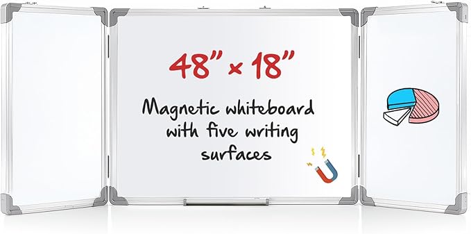 48” x 18” Foldable Whiteboard Dry Erase Board Large Tri Folding Whiteboard Magnetic Dry Erase Board, Wall Aluminium Frame and Flip Out Pen Tray for Office, Home