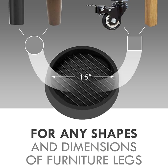 VOCOMO Non Slip Furniture Pads, 1.5' Round Black Rubber Caster Cups, 12 Pcs Anti-Slip Gripper, Anti Slide Floor Protectors for Bed, Couch, Stoppers