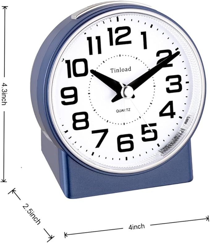 Tinload 4.3" No Ticking Analog Alarm Clock,Silent Readable for Seniors,Easy to Set,Gradual Rise Alarm,Big Numbers,On/Off Switch on Side,Gentle Wake,Snooze,Lighted on Demand,Battery Operated,Blue