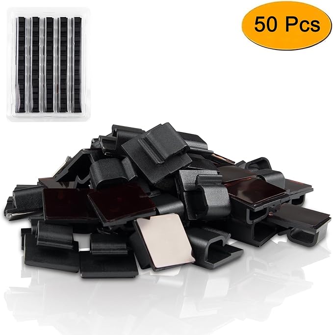 SOULWIT 50 Pcs Self Adhesive Cable Management Clips, Cable Organizers Sticky Wire Clips Cord Holder for TV PC Laptop Ethernet Cable Desktop Home Office (Black)