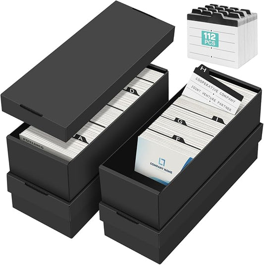QLOUNI Business Card Storage Box 4 Pack, Business Card Holder Case with Lids & 112 Index Dividers, Holds 3200 Cards Total, Desk Business Card Organizer, Black Card Index & Recipe Card Storage
