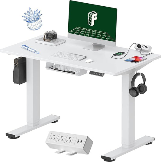 FLEXISPOT EN2 Whole-Piece Standing Desk with Clamp Power Strip, 40 x 24 Electric Stand Up Height Adjustable Desk with Cable Management (White Frame + 40" White Top)