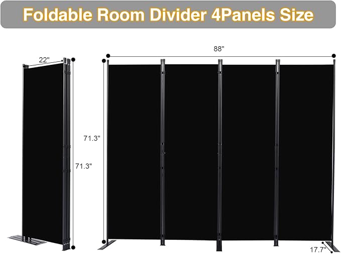 CHOSENM Room Divider, 4 Panel Folding Privacy Screens with Wider Feet, 6 Ft Portable Room Partition for Room Separator, Room Divider Panel 88" W X 71" H, Partition Room Dividers Freestanding，Black