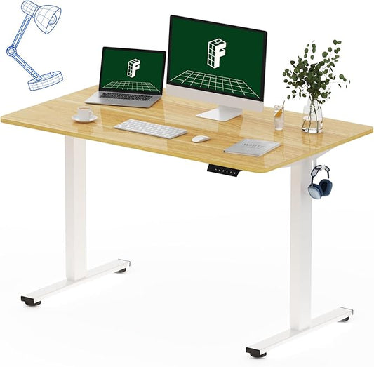 FLEXISPOT One-Piece Electric Standing Desk, 48 x 30 Inches Adjustable Desk with Seamless Desktop, Memory Controller Height Adjustment (White Frame + Maple Desktop, 2 Packages)