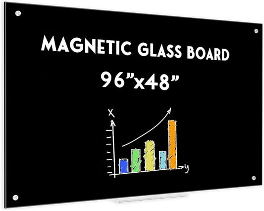 Black Dry Erase Board, 8' x 4' Magnetic Glass Whiteboard for Wall,96" x 48" Large Black Glass Magnetic Board with 1 Marker Tray and 10 Magnets for Office, Home, Classroom