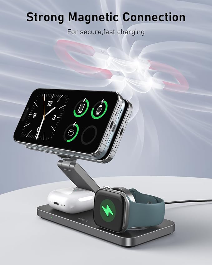 VBA 3 in 1 Wireless Charging Station for Apple MagSafe Charger,Foldable Fast Charging Magnetic Wireless Charger Stand,Travel Charger for iPhone 17 Air 16 15 14 13 12,Apple Watch,AirPods (Black)