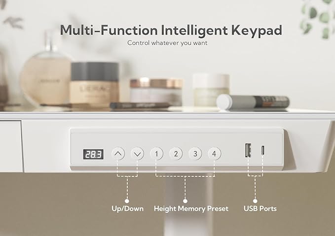 Claiks Glass Standing Desk with Drawers, 48×24 Inch Adjustable Stand Up Desk, Quick Install Home Office Computer Desk with USB Ports, White