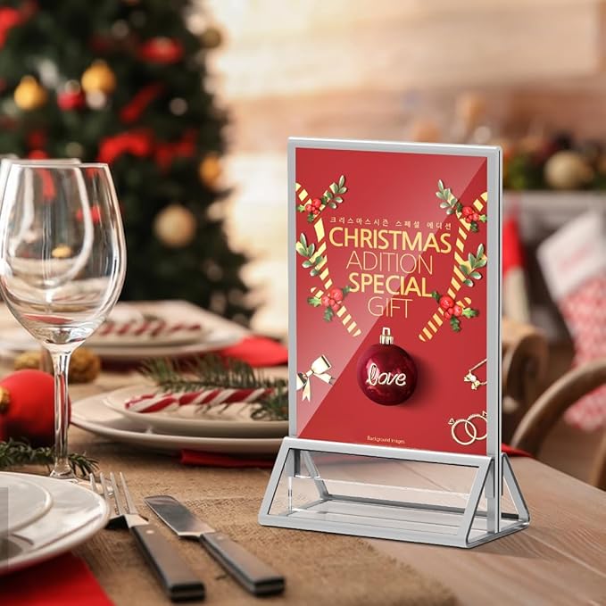 PPH-Sisy Clear Acrylic Sign Holder 5X7 with Silver Borders Display Stand, Double Sided Acrylic Picture Frames Plastic Sign Holder for Wedding Table Numbers Menu Holder (6 Pack)