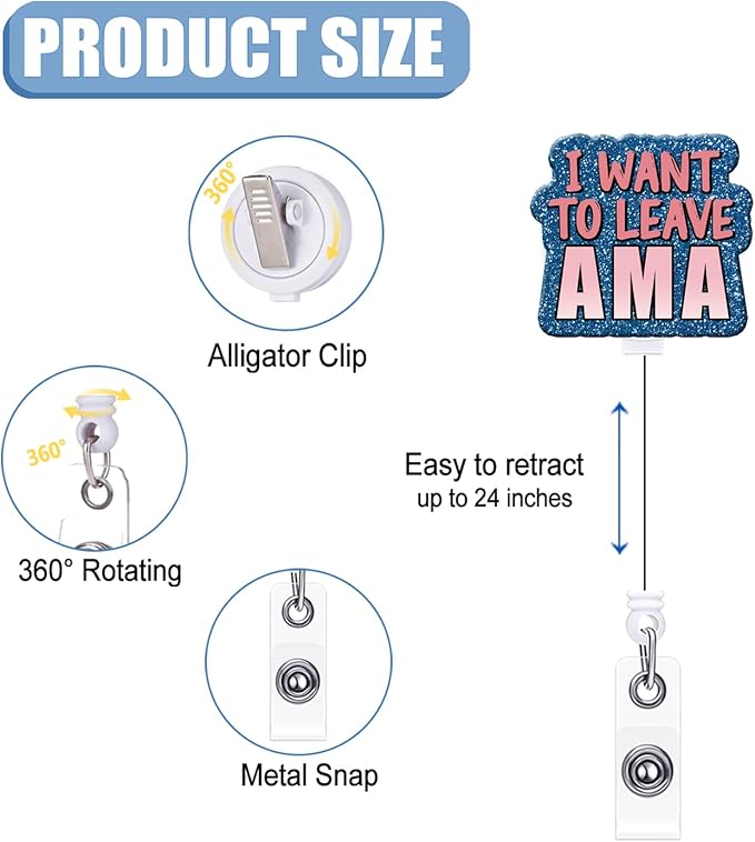 Badge Reel Retractable Band ID Clip I Want to Leave AMA Acrylic Badge Clip Name Badge Accessory for Nurses Office Workers Teachers Students Women Men