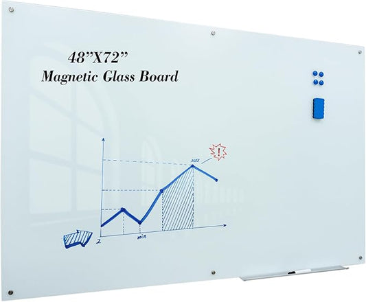 JYYPWB Magnetic Large Glass Board 72"x 48" Dry Erase Writing Board Premium Tempared Galssboard Frameless Message Board with Full Accessories Wall Mounted White Board