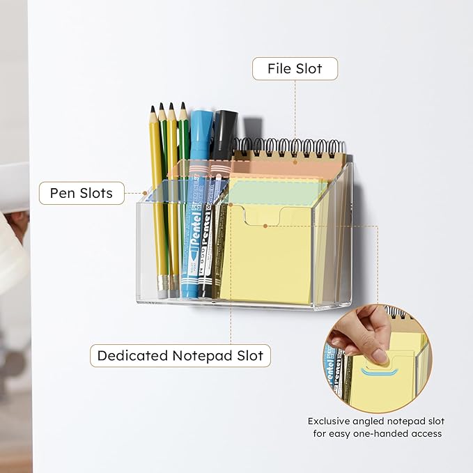 AITEE Magnetic Pen Holder for Refrigerator, Whiteboard & Locker - Acrylic 4-Magnet Organizer with Non-Slip Pads, Holds Markers, Pens, Scissors & Notes, Clear Accessory for Office, Classroom, Kitchen