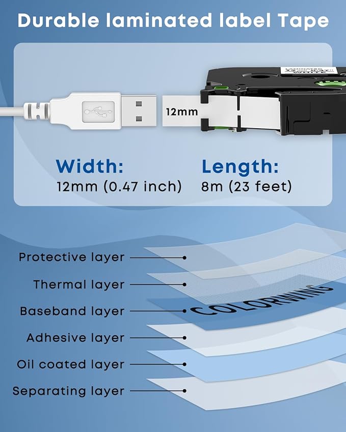 COLORWING TZe-231 Replace for Brother P-Touch Label Tape TZ Tape 12mm 0.47 Laminated White 1/2" TZe231 Label Maker Tape for Brother Ptouch PT-D210 D220 H110 1280 D410 D610 Cube Refills, 5-Pack
