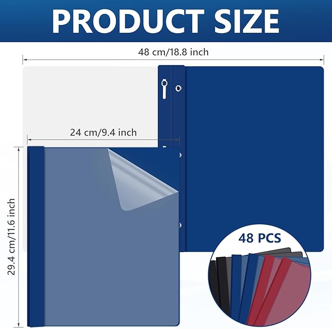 Feifeiya 48 Pack Plastic Report Covers with 3 Prongs Presentation Folders Bulk, 100 Sheet Capacity, Clear Front Report Covers for Presentation Document Paper School Office Supplies (Dark Colors)