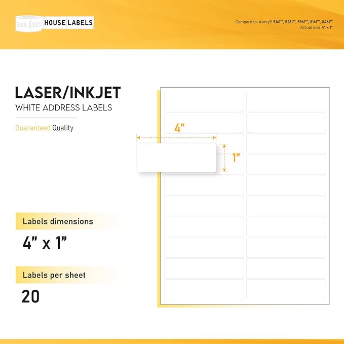 HOUSELABELS 20-up Shipping Labels (4" x 1") for Laser and Inkjet Printers, 25 Sheets