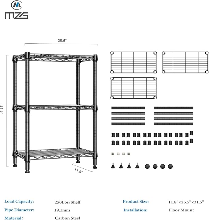 M MZG 750 lbs 3 Tier Shelf Metal Storage Shelves Wire Rack Closet Organizers for Garage Kitchen Bathroom Laundry Black 11.8" D x 25.6" W x 31.5" H