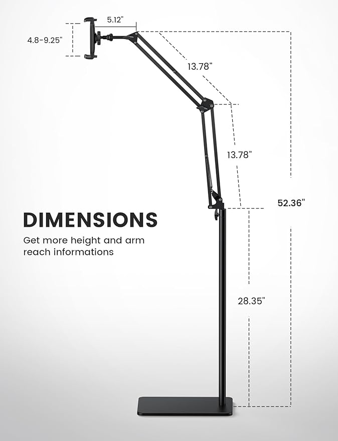 Lamicall Tablet Floor Stand Holder - [55" Height Adjustable][ Flexible Arm] Multi Angle Tablet Holder, 5lb Weighted Base Bed Mount for 4.7-13" Devices, iPad Pro Air Mini, Kindle, Tabs, E-Readers