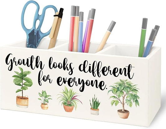 URLLUAE Growth Looks Different for Everyone Mental Health Growth Mindset Wooden Pen Pencil Holder for Classroom Therapy Office Desk Accessories, Back to School Supplies Gifts for Students