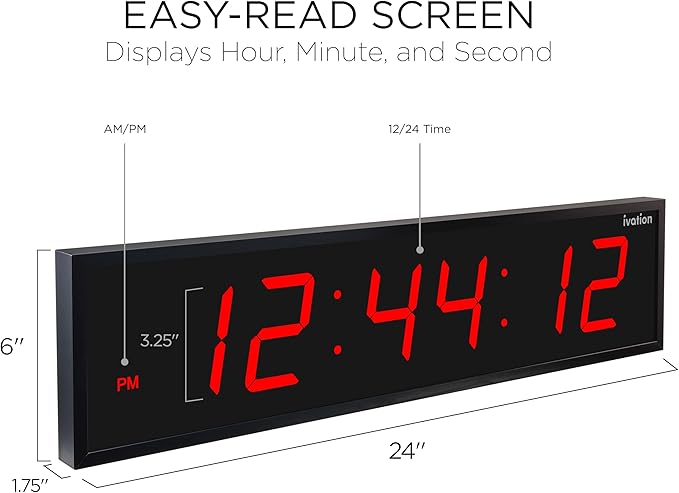Ivation Oversized 24" Large Digital LED Clock | Big Digital Clock w/Multi-Function Display – Stopwatch, Timer, Alarms, Temp & Date | 6 Brightness Levels, Time Memory & Remote (Red)