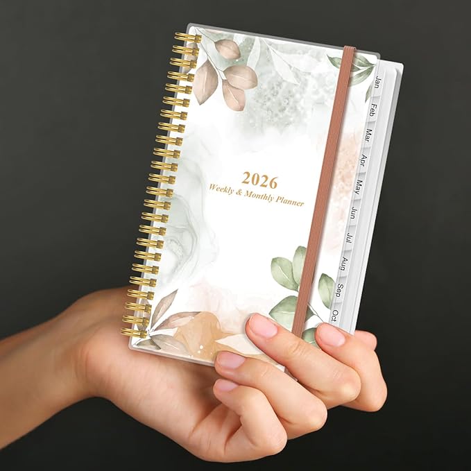 2026 Pocket Planner/Calendar - 2026 Planner from January 2026 - December 2026, Planner 2026 with 12 Tabs, Twin-Wire Binding, Inner Pocket, 3.75" x 6.75, Rose Leaf
