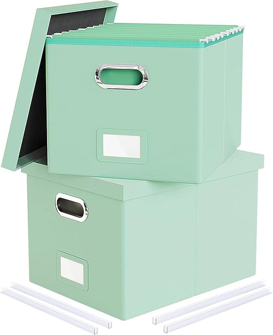 Oterri 2 Pack File Storage Organizer Box,Portable File Box with Lid,Fit for Letter/Legal File Folder Storage, Mint-green(Leather)