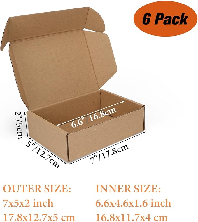 PHAREGE 7x5x2 inch Shipping Boxes 6 Pack Brown, Tab Lock Tuck Top Mailer Boxes for Packaging Small Business, Small Cardboard Gift Boxes for Wrapping Mailing Present