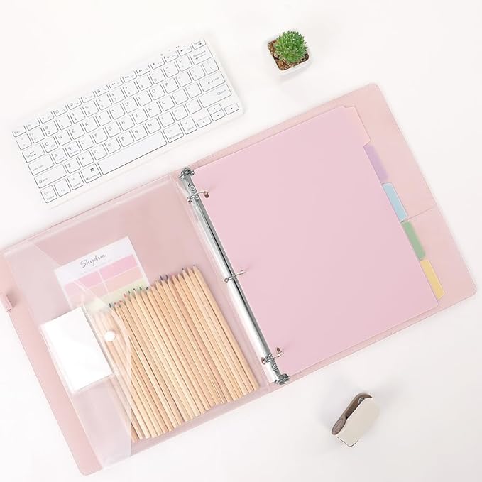 SKYDUE Pink 3 Ring Binder with Clipboard,1 Inch Linen Binder for 3 Hole Punch Letter Size Loose Leaf Paper with 5 Dividers, Pocket and Labels School and Office Supplies