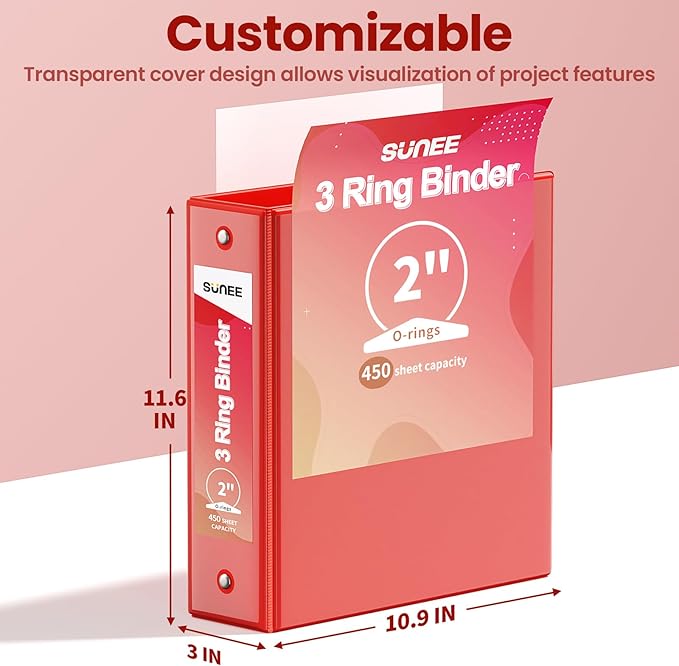 SUNEE 3 Ring Binder 2 Inch 1 Pack, Clear View Three Ring PVC-Free (Fit 8.5x11 Inches) for School or Office Supplies, Red