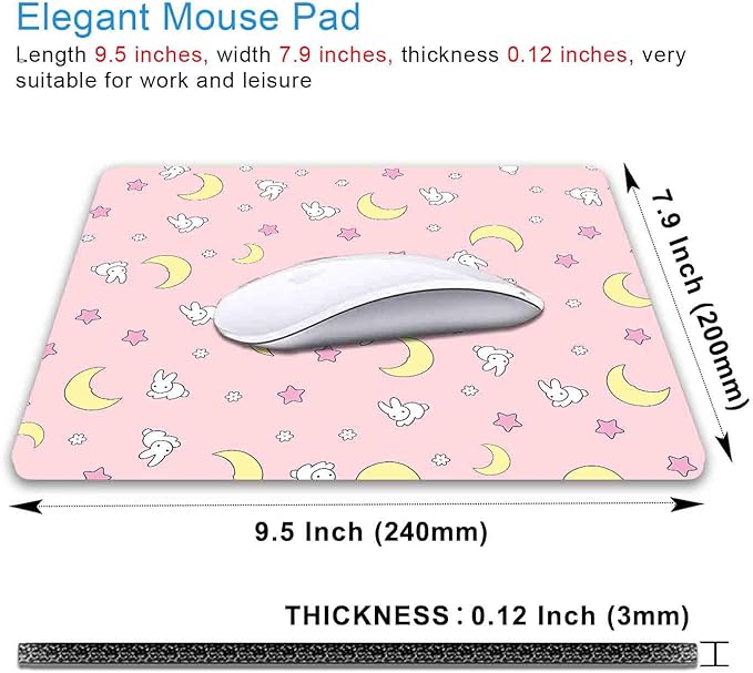 IMAYONDIA Pink Kawaii Mouse Pad, Cute Moon Bunny Small Mouse Mat，Aesthetic Anime Mousepad for Women Kids Office Home School, Computer PC Laptop Mice Pad, 9.5 x 7.9 Inch