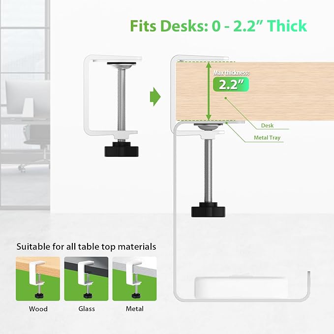 KEEGH 16'' Under Desk Cable Management Tray, Drill Free Clamp/Screws Mount, Sturdy Metal Cable Tray for Place Power Strip, Cord Management Tray Rack, Home, Office, White