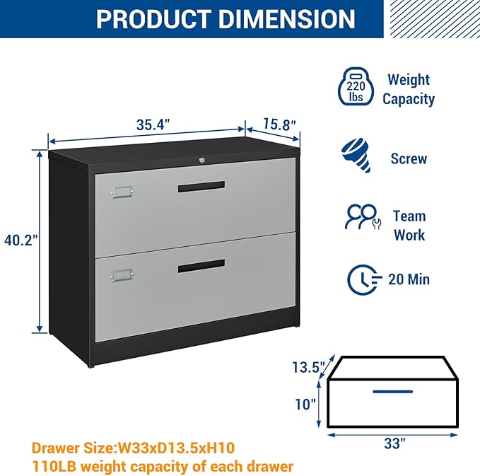 Fesbos 2 Drawer Lateral File Cabinet with Lock, Metal Steel Filling Cabinets for Home Office, Lockable Storage Cabinet for Hanging Files Letter/Legal/F4/A4 Size-Assembly Required
