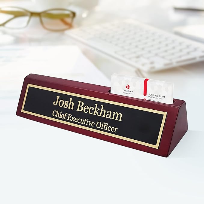Business Wood Name Plate for Desk | Custom Desk Name Plate Personalized Gift for Office, The Perfect Engraved Name Plaque by Engraving International (2" x 10" with Card Holder, Rosewood Piano Finish)