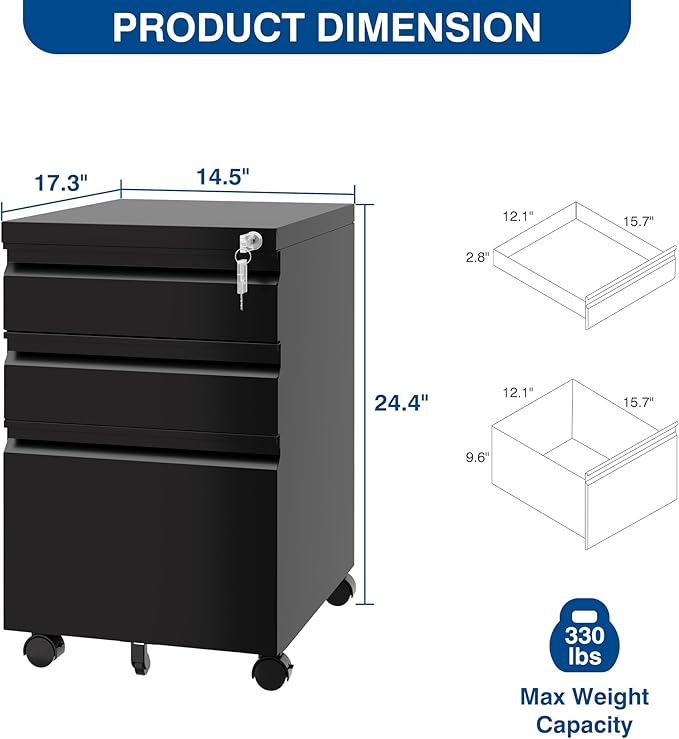 Fesbos 3 Drawer Mobile Metal File Cabinet, Black Filling Cabinets with Lock, Pre-Built Office Storage File Cabinet with Wheels Under Desk - Assembled Required