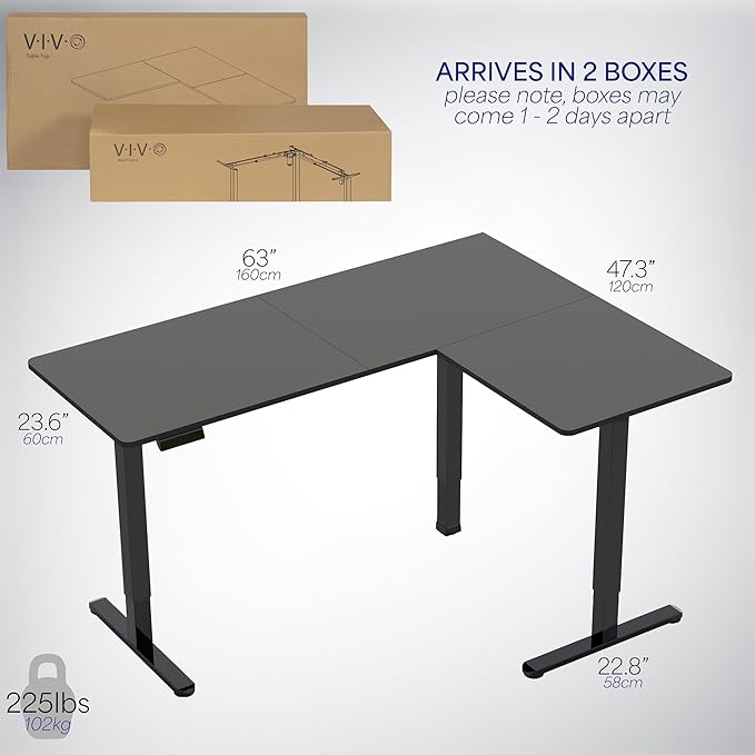 VIVO Electric Corner 63 x 47 inch L-Shaped Standing Desk, Memory Height Adjustment, Black Top Black Frame, DESK-E3CTB-47