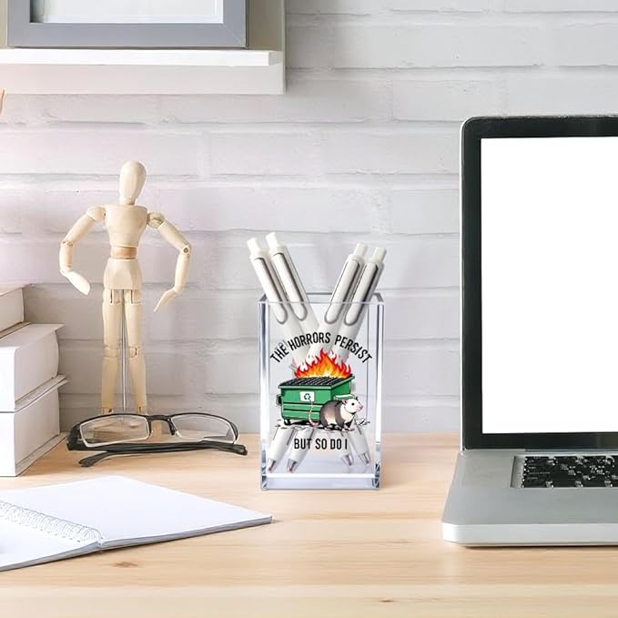Vgrti The Horrors Persist But So Do I Acrylic Cosmetic Pencil Pen Holder Cup, Funny Dumpster Fire Pen Holder Cup, Opossum Possum Gifts for Women Men, Office Sarcastic Gifts for Women Men Coworker Boss