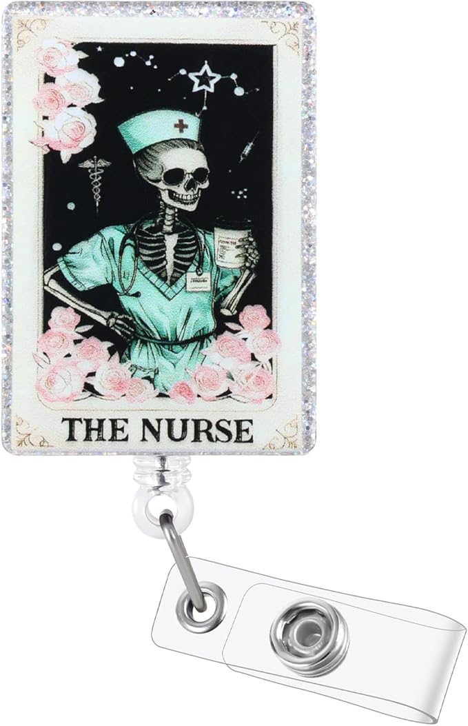 Funny Skeleton Nurse Badge Reel, Cute Retractable ID Card Badge Holder with Alligator Clip, Name Tag Medical Badge Buddy for RN ED ICU CNA LPN LVN MA ER OR Nursing Doctor Teacher Student Workers