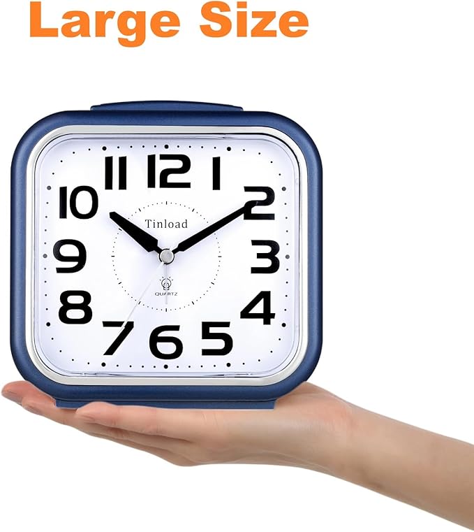 Tinload 5.5" Large Analog Alarm Clock Silent Non Ticking, Gentle Wake, Beep Sounds, Increasing Volume, Battery Operated Snooze and Manual Light, Easy Set, Blue