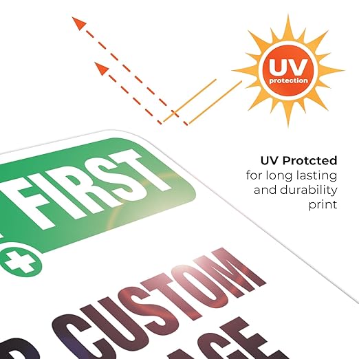 Custom Safety First Sign, OSHA Sign, 10x7 Inches, 4 Mil Vinyl Decal Stickers Weather Resistant, Made in USA