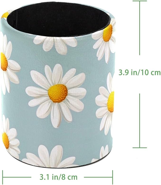 Leather Pen Holder for Desk, Daisy Pencil Cup Desktop Organizer Makeup Brush Holders Office Supplies for Home, Kids & School