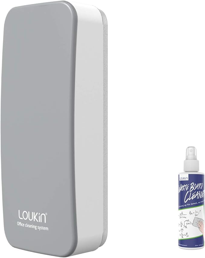 loukin Magnetic Dry Erase Eraser, Whiteboard Eraser, Glass Board Remover, 3.4 fl oz Whiteboard Cleaner Included, for Classroom, Home and Office Use (Grey)