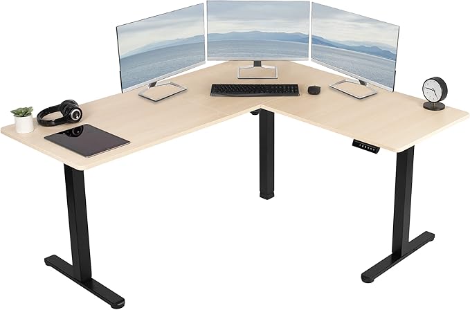 VIVO Electric Corner 63 x 55 inch L-Shaped Standing Desk, Memory Height Adjustment, Light Wood Top Black Frame, DESK-E3CTBC