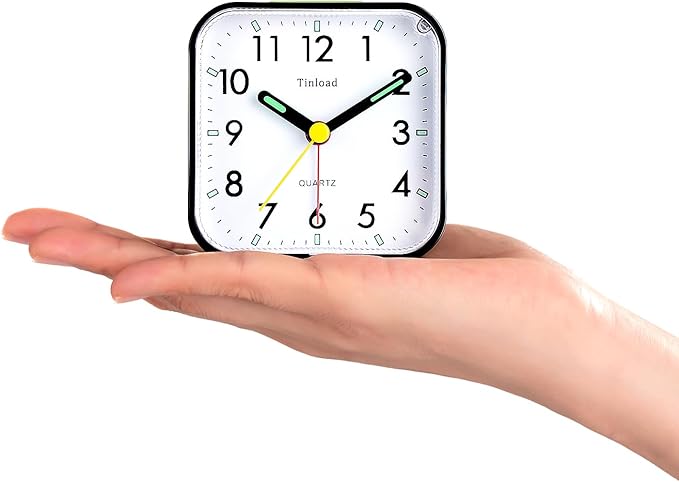 Tinload Small Battery Operated Analog Travel Alarm Clock Silent Non Ticking, Gentle Wake, Ascending Beep Sounds, Snooze,Lighted on Demand, Easy Set(Black)