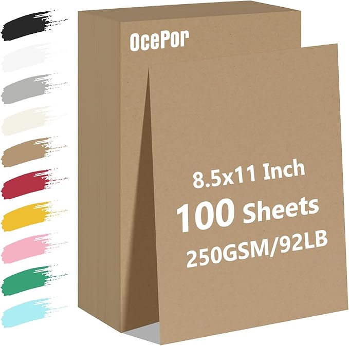 OcePor 100 Sheets Brown Cardstock Paper, Colored Printer Paper 8.5 x 11, Card Stock Thick Construction for Craft,Scrapbook，Office Printing, Invitations, Certificates，92 lb/250gsm