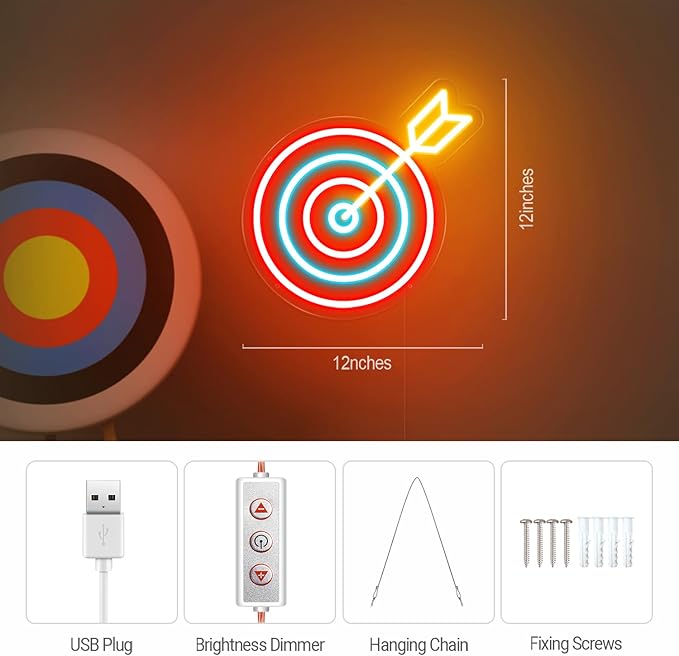Dart Board Neon Sign for Adult Kids, Dart Target Neon Led Signs, Funny Decor for Man Cave Bar Game Room Bedroom Indoor, Man Cave Led Light Up Signs