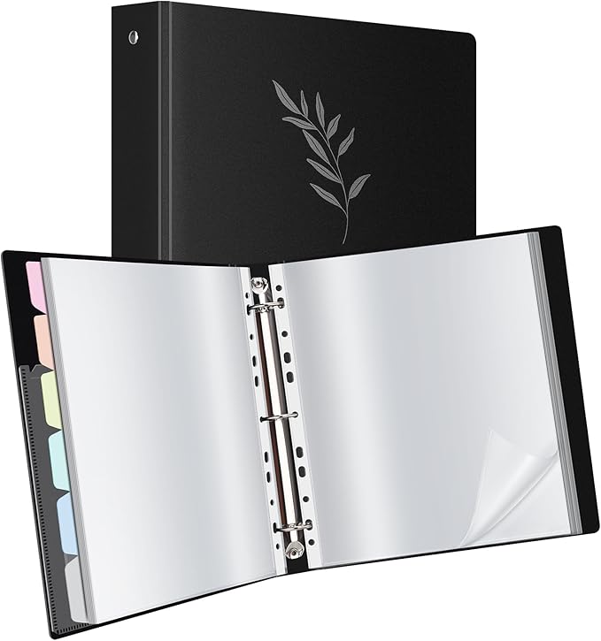 Uquelic 80-Pocket Binder with Plastic Sleeves for Letter/A4 Size(11" x 8.5"), Silver Leaf Printed Cover, Document Binder Organizer for Papers, Certificates and Artwork with Macaron PP Divider Pages