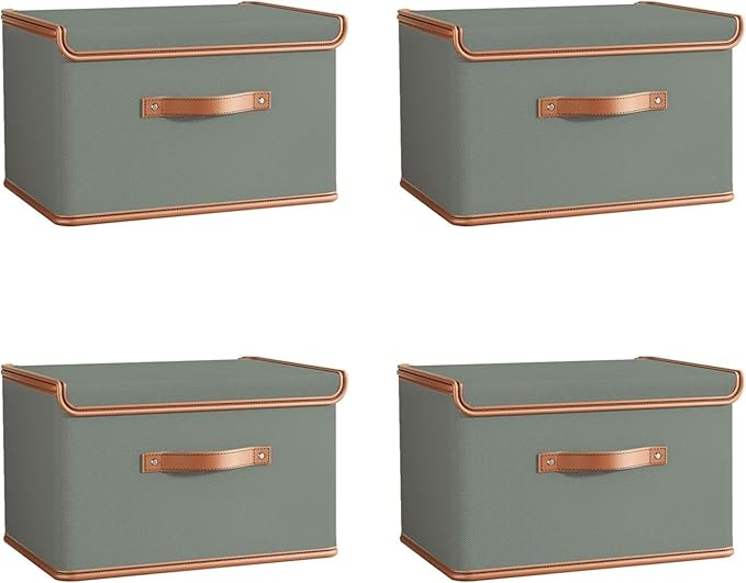 Tuza 4 Pack Storage Bins with Lids, Collapsible Closet Organizer Container, Fabric Organizer Box with Handles, Decorative Storage Boxes with Lids for Organizing Clothes, Blanket, Grey, Extra Large