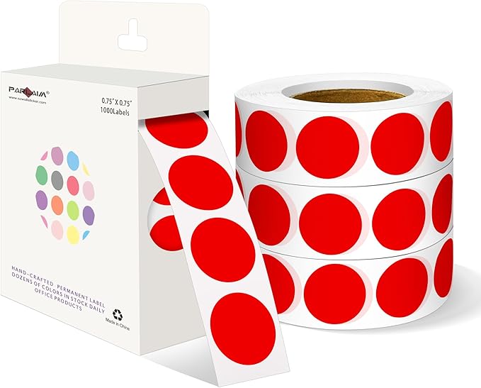 PARLAIM 3/4 Inch Roll Color Coding Labels,4000 per/4 Rolls Round Adhesive Color Coding Circle Dot Stickers for Office Home (Red)